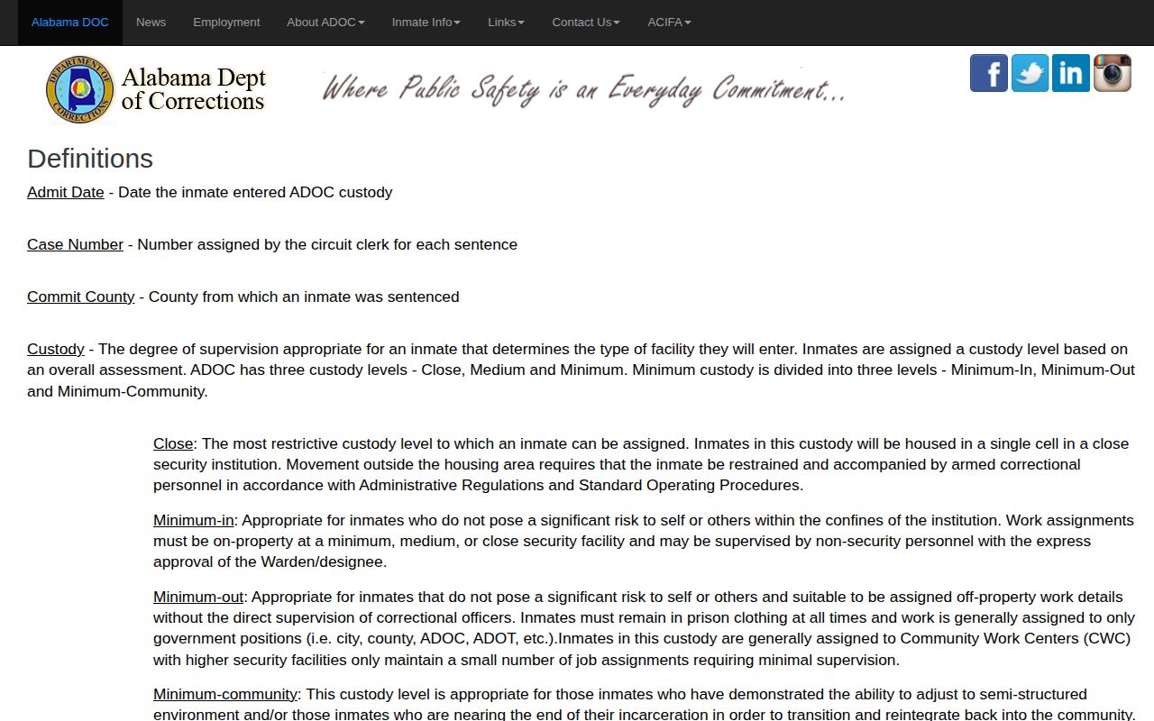 Cherokee County projected release date ADOC definitions